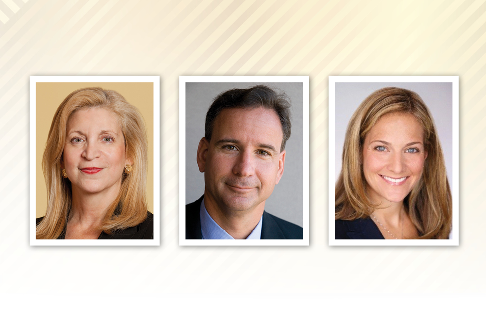 Portraits of Michele Volpe, Keith Kasper and Lori Gustave on a gold background